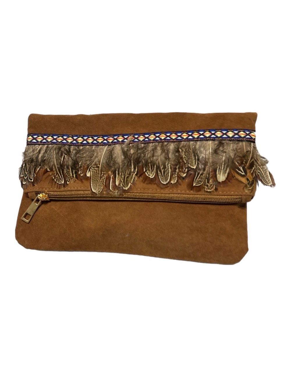 GANZ Brown Suede Fringe Foldover Clutch with Beaded Trim